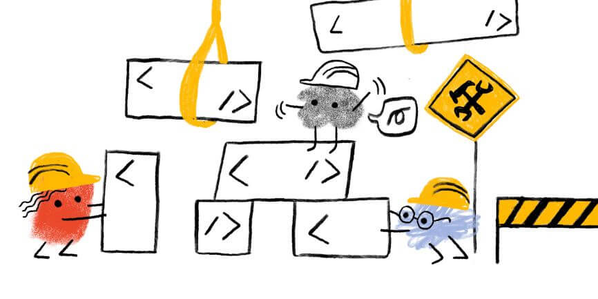 Web Almanacのキャラクターが建設作業員として、HTMLの要素ブロックからウェブページを組み立てているヒーロー画像。