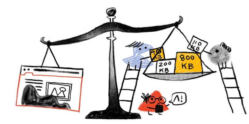 Web Almanac のキャラクターが、さまざまなキロバイトのラベルが貼られた箱とウェブページを天秤で比較しているヒーローイメージ。