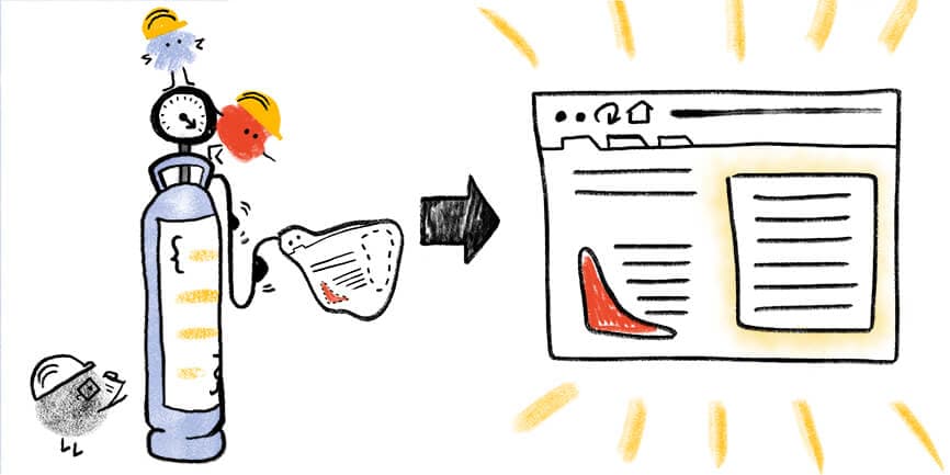 Web Almanacのキャラクターが、前面にスクリプトの印がついた大きなガスボンベを使ってウェブページを膨らませているヒーローイメージ。